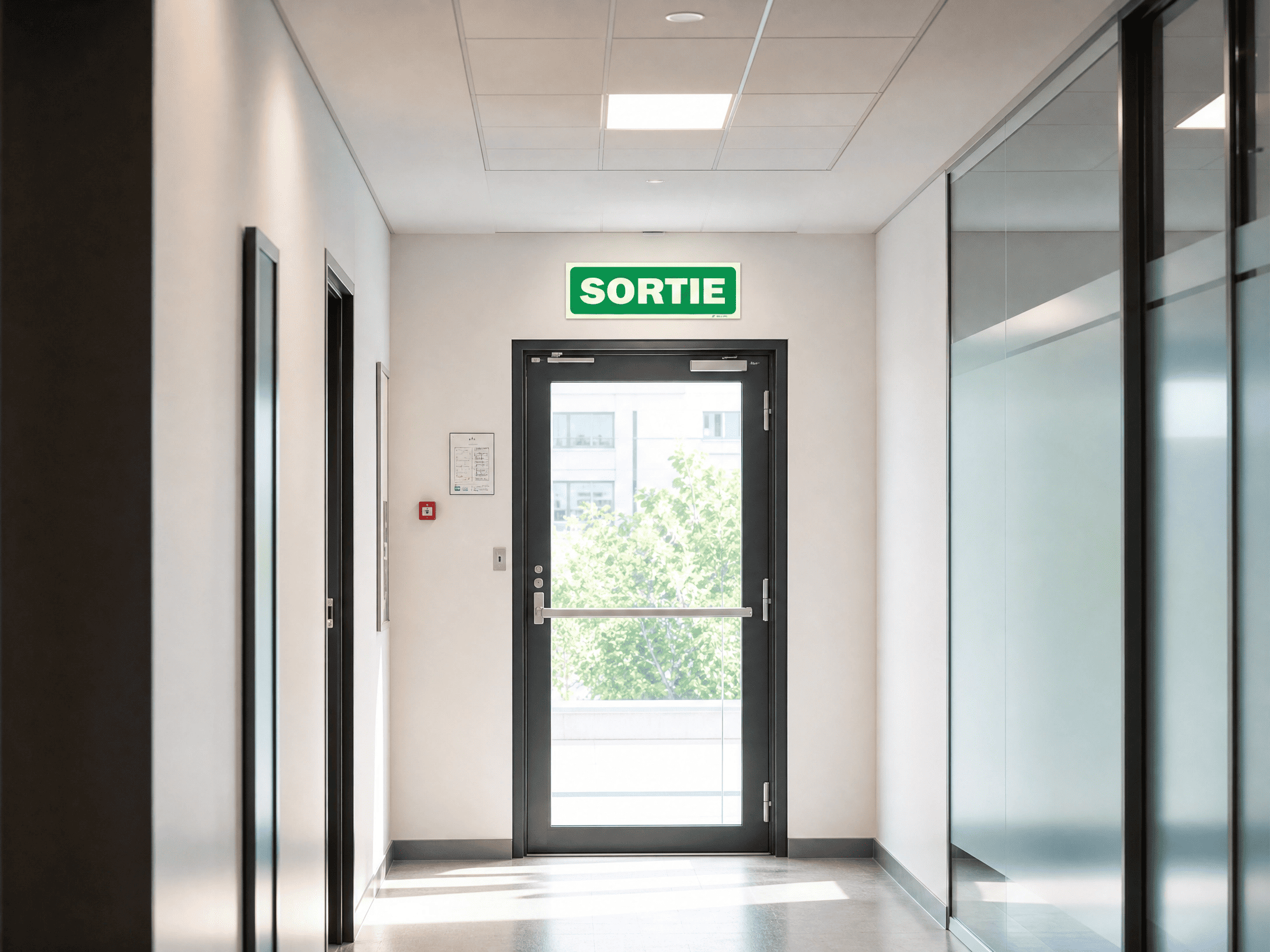 Photograph of a green and white photoluminescent 'EXIT' sign mounted above an emergency door in a bright, modern office hallway. The sign is in its charging phase, absorbing ambient light.